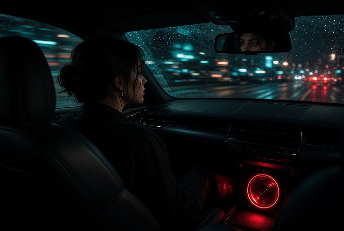 Miah Marshal in a car at night beside a red-lit speaker