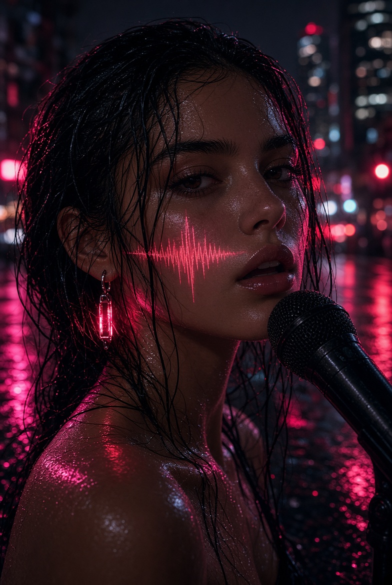 Miah Marshal performing in magenta light with wet dark hair and a microphone