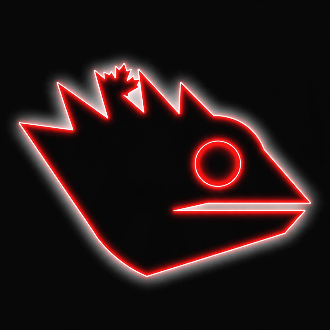 Canadian Chek red neon chameleon logo with a maple leaf