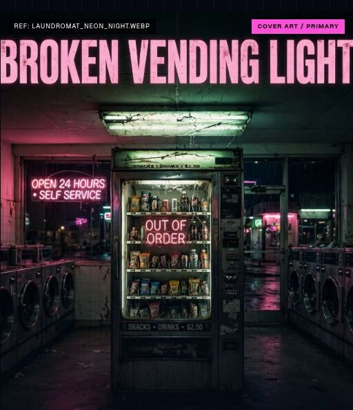 Broken Vending Light cover showing an out-of-order vending machine in a pink-lit laundromat